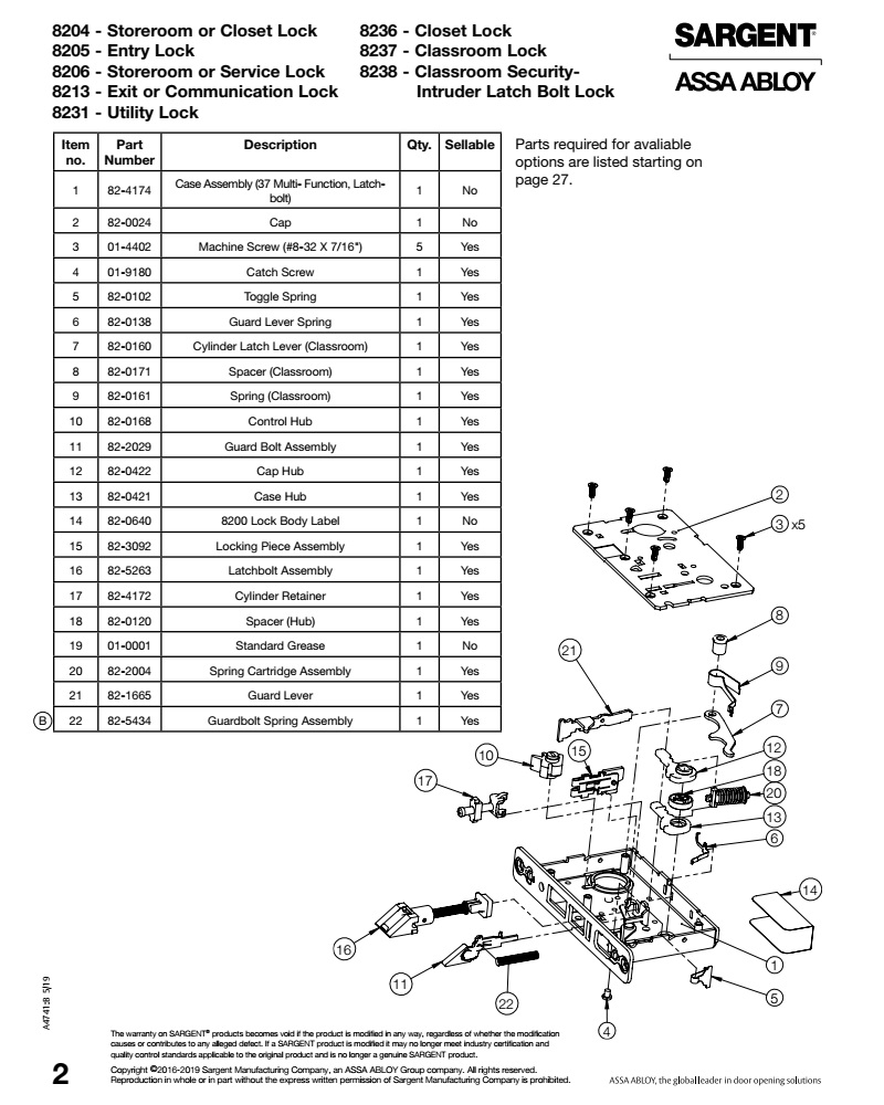 Sargent 8204 Mortise Lock Body Parts Diagram