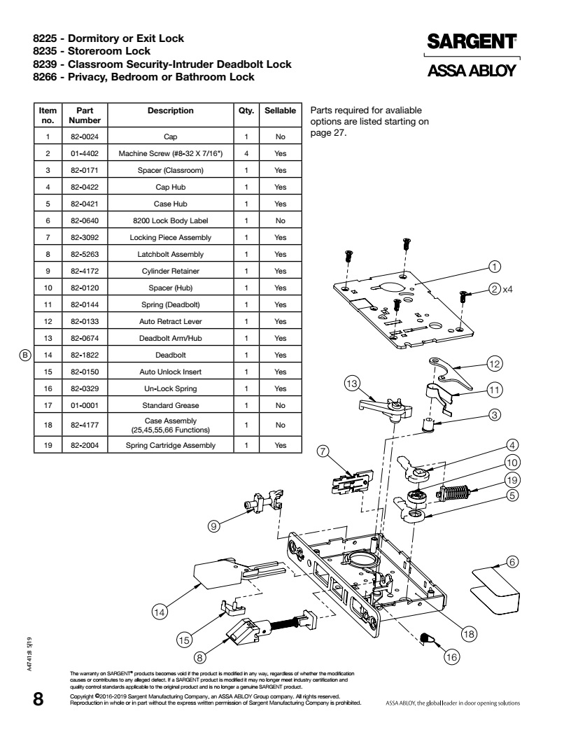 Sargent 8225 Mortise Lock Body Parts Diagram