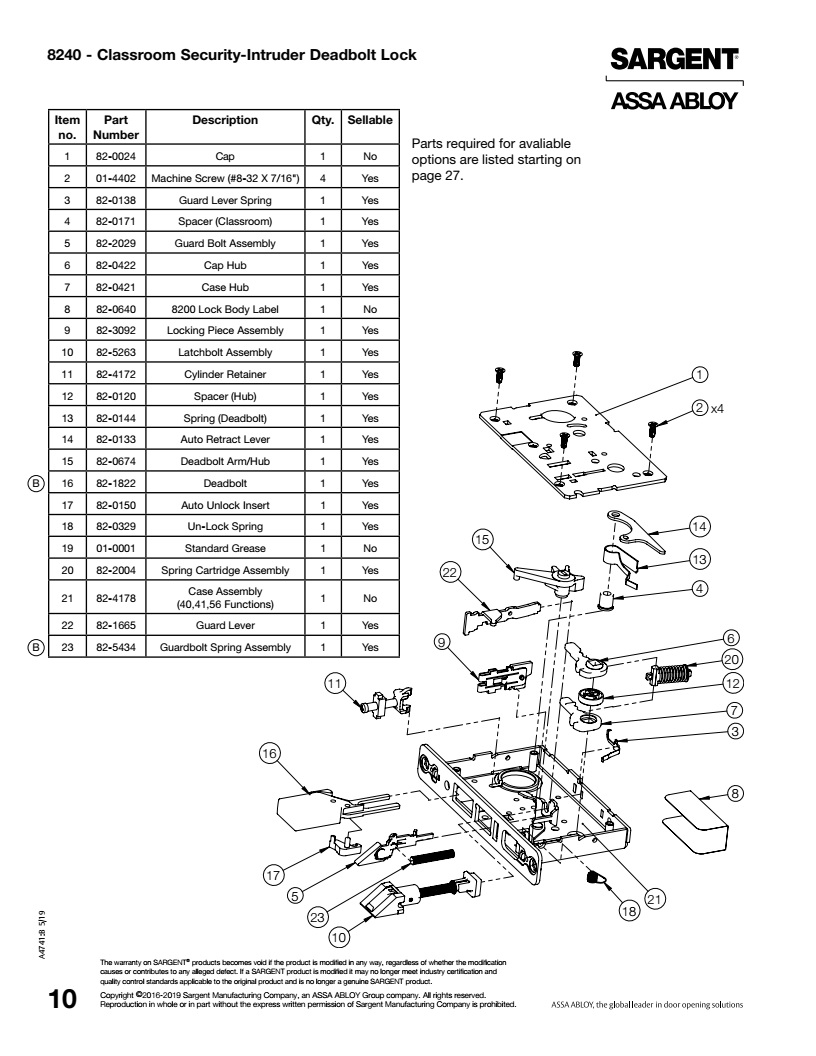 Sargent 8240 Mortise Lock Body Parts Diagram