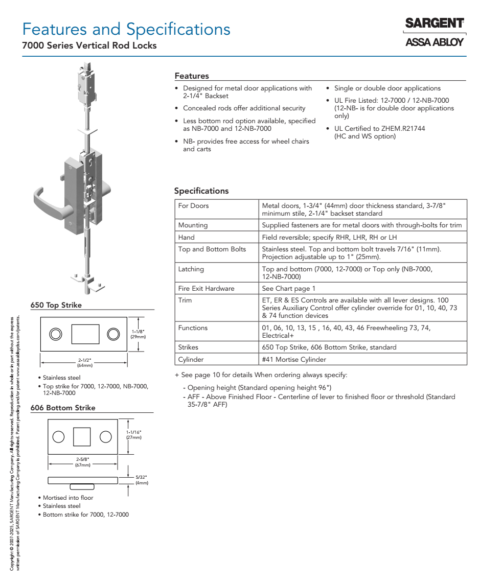 Sargent 7000 Series Multi Point Lock Catalog Page