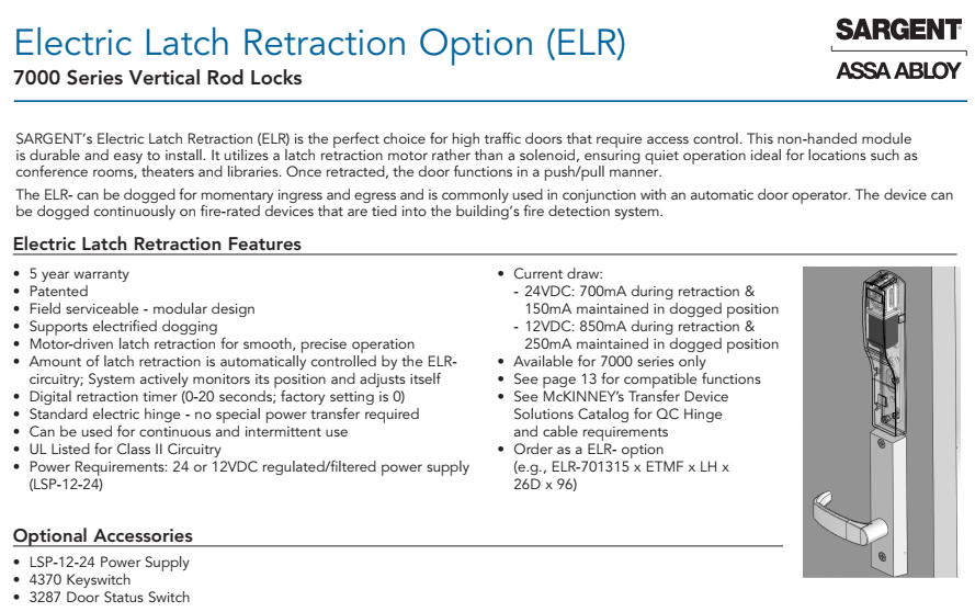 Sargent 7000 Series ELR Electric Latch Retraction Catalog Page