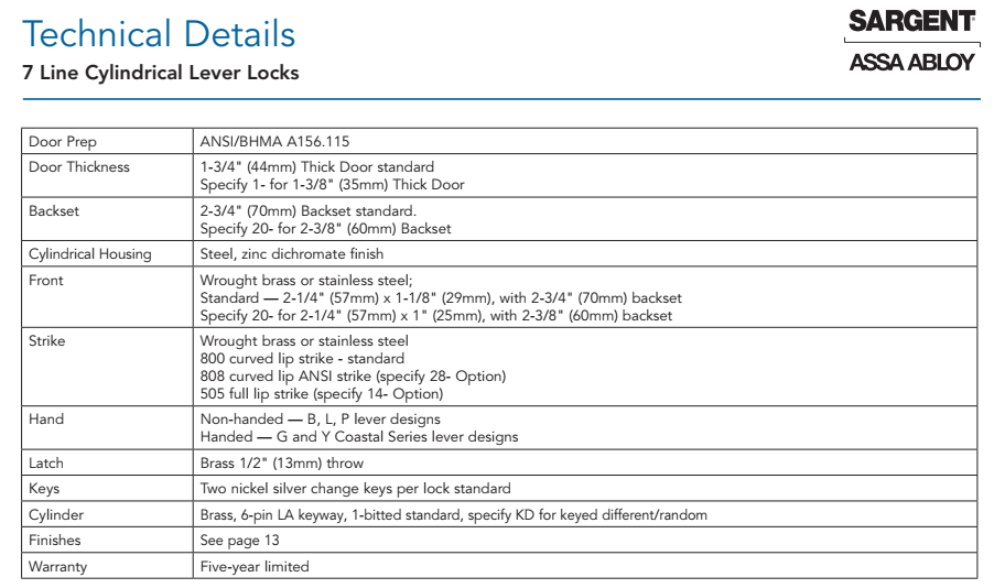 Sargent 7 Line Lever Lock Technical Specifications